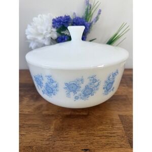 Federal Glass Blue Floral Milk Glass Bowl Lid Vintage Lidded Mixing Serving Dish